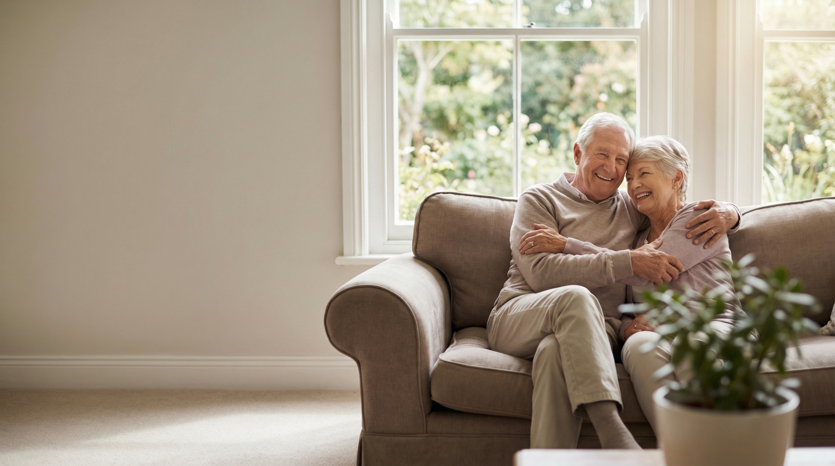 Šťastný seniorský pár v útulném obývacím pokoji